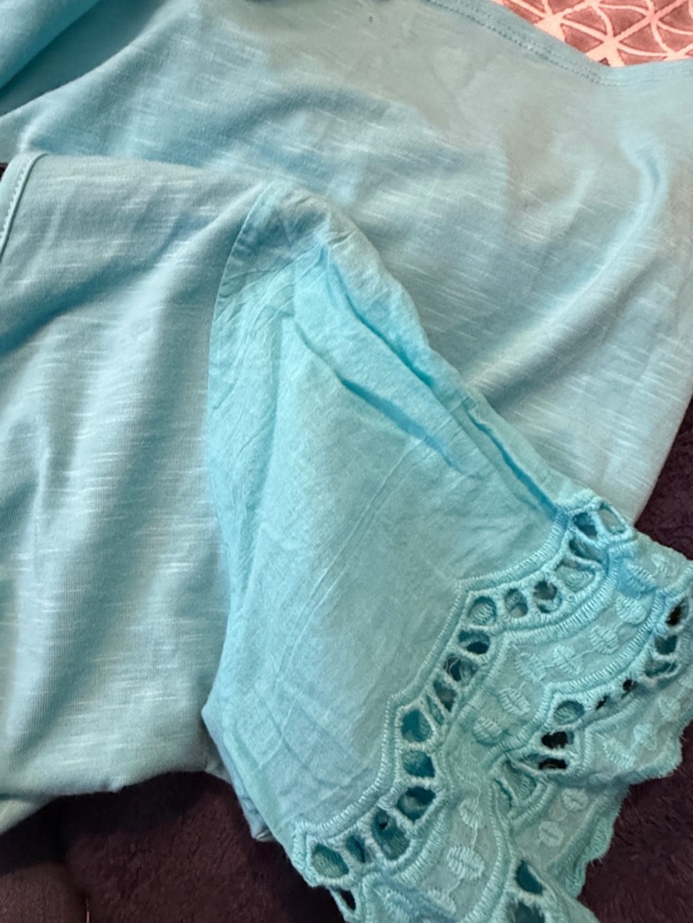 Notations Turquoise V-Neck Tie-Front Top with Crochet Trim Sleeves - Picture 8 of 8
